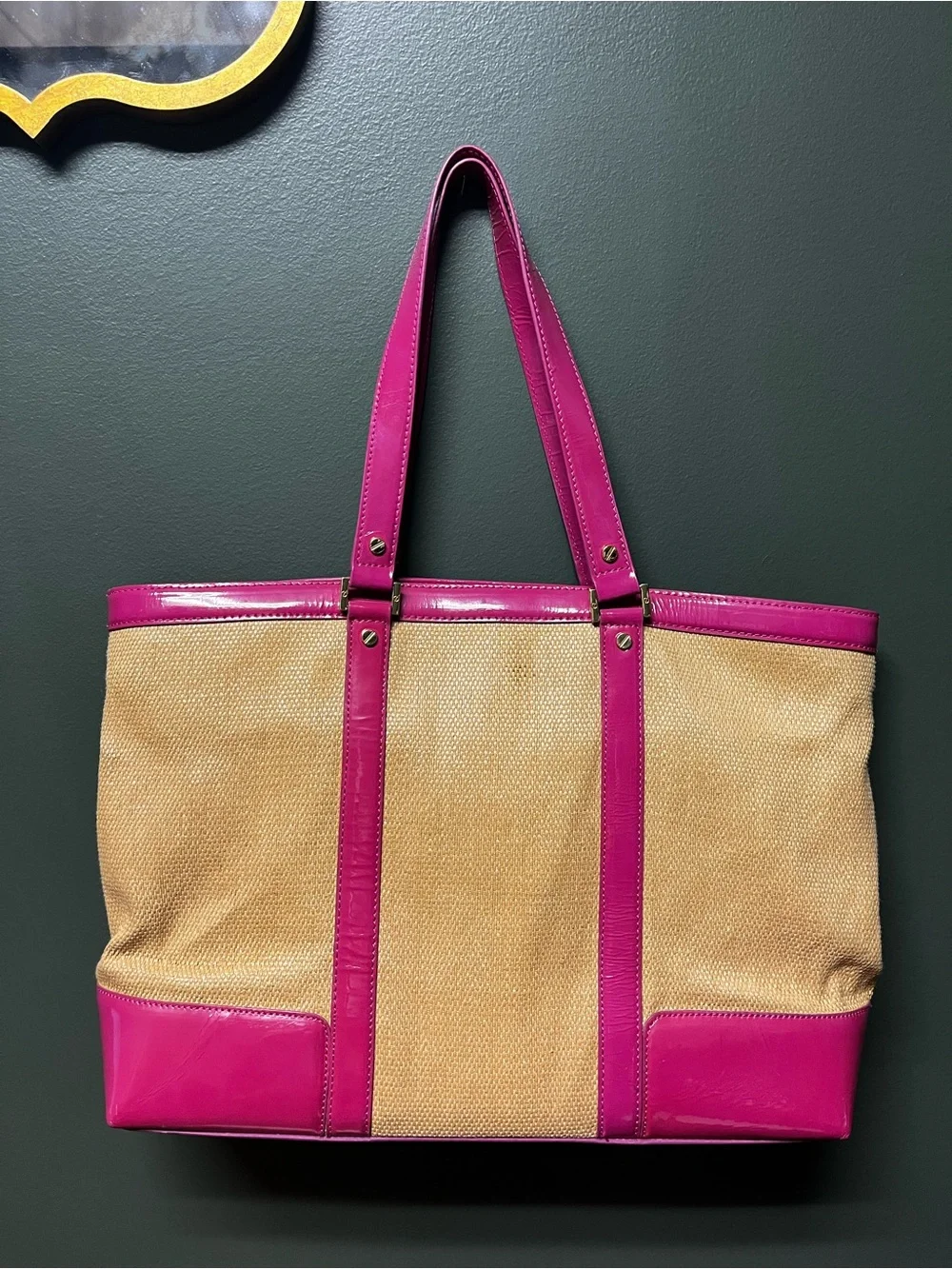 Tory Burch Natural Canvas Tote with Fuchsia Patent Trim